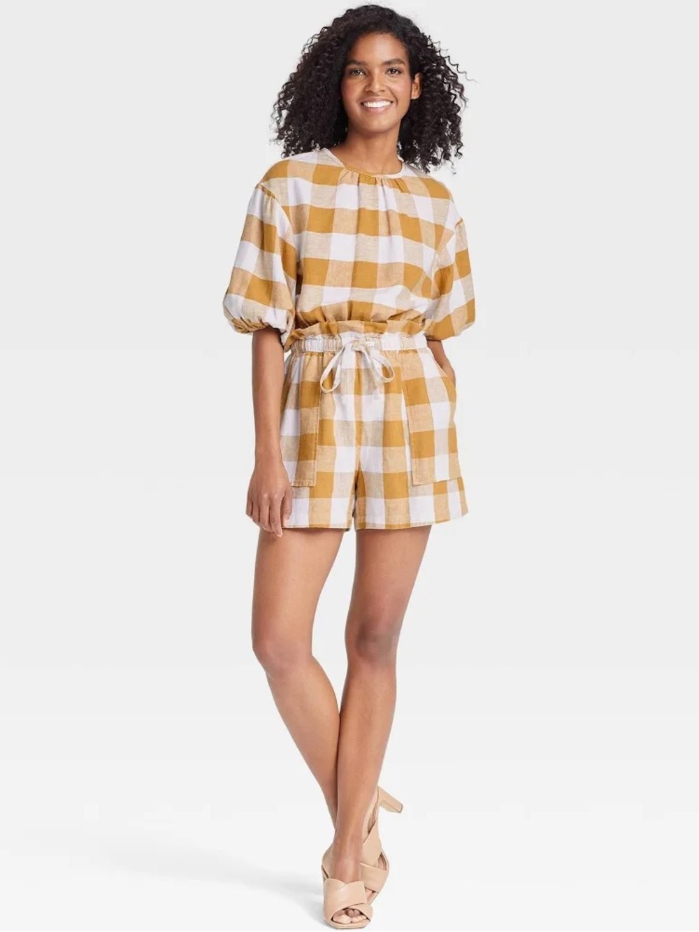 WHO WHAT WEAR | Gingham Check Yellow Drawstring Linen Blended Shorts SZ - S - Picture 2 of 6